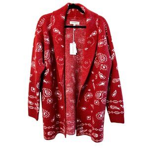 New Lucky Brand Red Open-Front Paisley Cardigan Size Medium